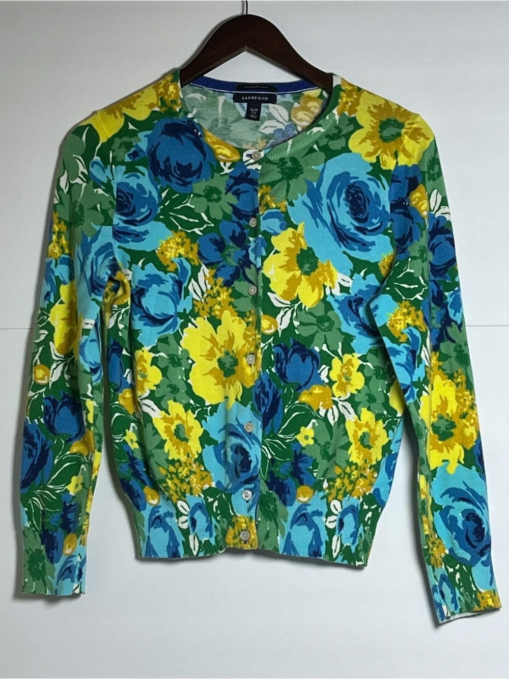 Lands' End Blue, Yellow & Green Floral Cotton Cardigan SP (6-8)